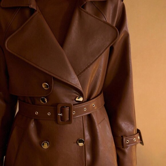 Brown Elegant Women's Double Breasted Faux Leather Belted Trench Coat - Picture 3 of 8